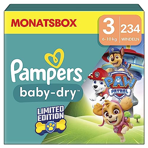 Pampers Windeln Paw Patrol Größe 3 (6kg-10kg) Baby-Dry, Limited Edition, 234 Windeln, bis zu 12h Rundum-Auslaufschutz