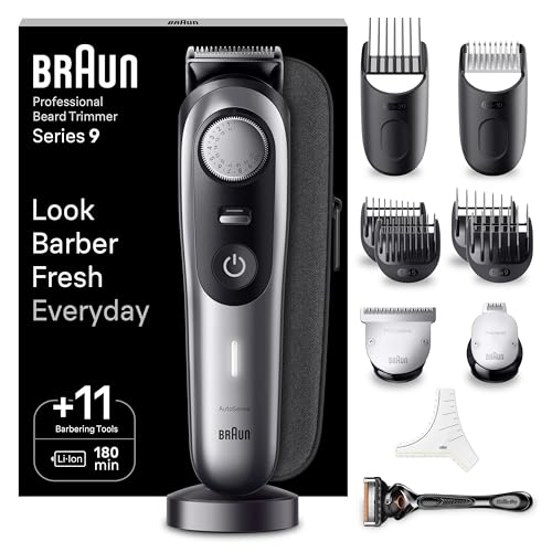 Braun Barttrimmer, Bartschneider/Trimmer/Haarschneider Herren, Haarschneidemaschine Profi, Einstellungen, Ladestation, Reiseetui, Bartschablone, 180 Min. kabellose Laufzeit, BT9440 im Sale