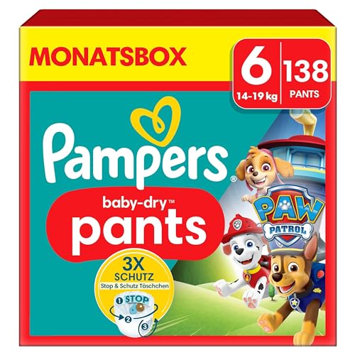 Pampers Windeln Paw Patrol Pants Größe 6 (14-19kg) Baby-Dry, Extra Large mit Stop- und Schutz Täschchen, MONATSBOX, 138 Höschenwindeln