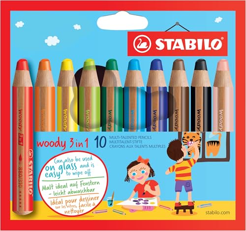 Buntstift, Wasserfarbe & Wachsmalkreide - STABILO woody 3 in 1 - 10er Pack mit Spitzer - mit 10 verschiedenen Farben