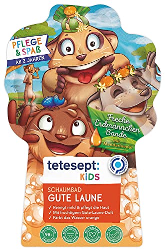 tetesept KIDS Schaumbad Gute Laune – Kinderbad mit fruchtigem Duft und pflegender Rezeptur – Fluffiger Badeschaum und orangenes Wasser – 15 x 40 ml