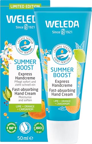 WELEDA Bio Summer Boost Express Handcreme - Limited Edition Naturkosmetik Handpflege Creme mit Sesamöl & Bienenwachs. Handlotion mit Duft nach Limette, Orange & Kardamom für trockene Hände (1x 50ml) im Sale