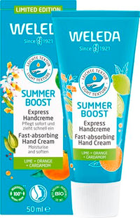 Thumbnail for WELEDA Bio Summer Boost Express Handcreme - Limited Edition Naturkosmetik Handpflege Creme mit Sesamöl & Bienenwachs. Handlotion mit Duft nach Limette, Orange & Kardamom für trockene Hände (1x 50ml) im Sale