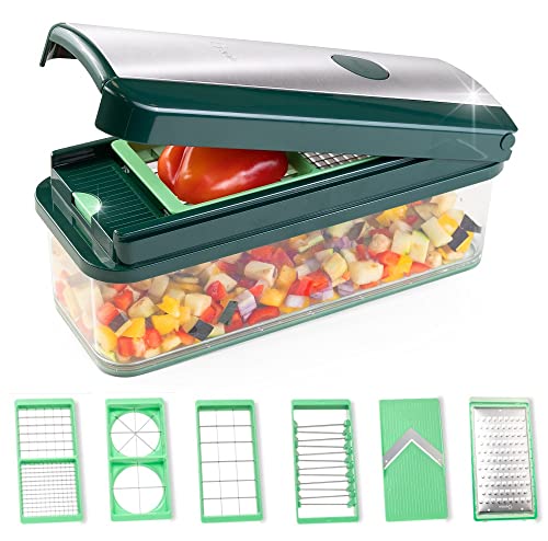 Genius Nicer Dicer Exclusive Gemüseschneider 15tlg Würfelschneider + Tomatenschneider Set 4 Einsätze + Reibe grob & Hobel + Auffangbehälter 2500ml, Grün