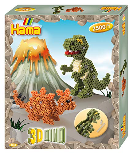 Hama Perlen 3250 Geschenk-Set 3D Dinos mit ca. 2.500 bunten Midi Bügelperlen mit Durchmesser 5 mm, Motivvorlage und Stiftplatte, inkl. Bügelpapier, kreativer Bastelspaß für Groß und Klein