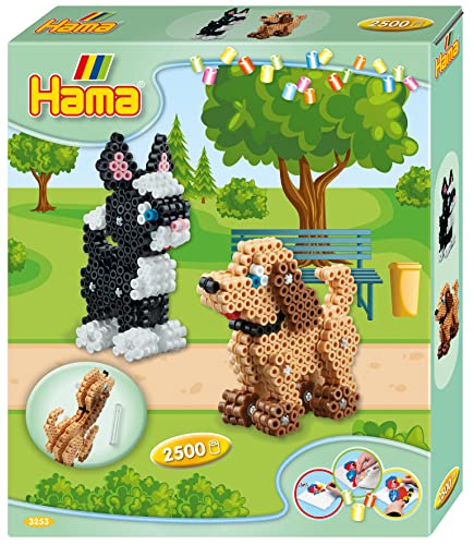 Hama Perlen 3253 Kleines Geschenk-Set 3D Hund und Katze mit ca. 2.500 bunten Midi Bügelperlen mit Durchmesser 5 mm, Stiftplatte, inkl. Bügelpapier, kreativer Bastelspaß für Kinder und Jugendliche