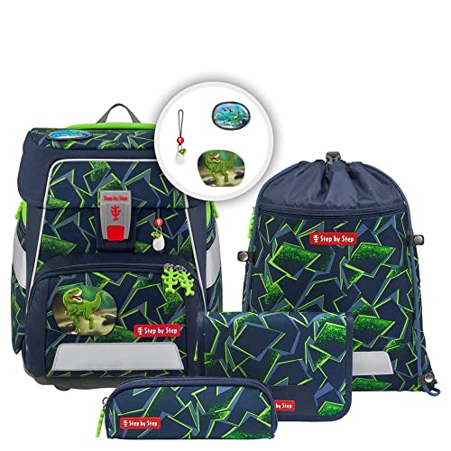 Step by Step Schulranzen-Set Space „Wild T-Rex Taro“ 5-teilig, ergonomischer Tornister, höhenverstellbar mit Hüftgurt, für die Grundschule, ab der 1. Klasse, 20L, grün-schwarz, Dino-Design im Sale