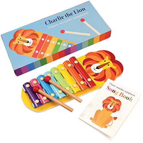 Holzspielzeug Musikinstrument Xylophon Charlie The Lion aus Regenbogenfarben und mit Liederbuch im Sale