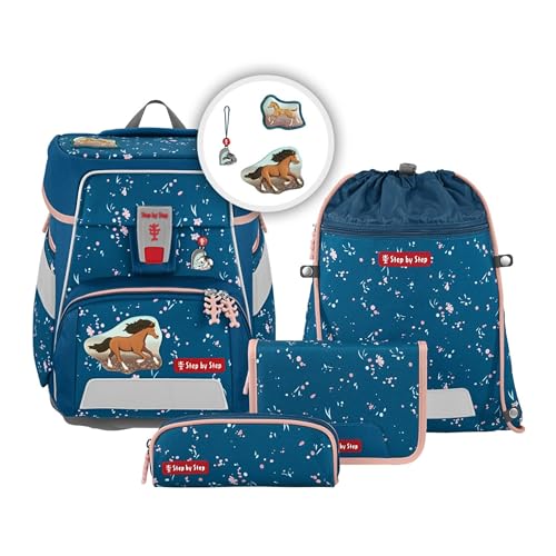 Step by Step Schulranzen-Set Space Wild Horse Ronja, 5-teilig, blau, Pferde-Design, ergonomischer Tornister mit Reflektoren, höhenverstellbar mit Hüftgurt, ab der 1. bis 4. Klasse, 20l im Sale