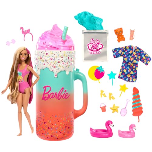 BARBIE Pop Reveal Rise & Surprise Geschenkset - über 15 Überraschungen, inklusive 1 Barbie-Puppe, Strandzubehör, für fruchtig-frechen Spielspaß, für Kinder ab 3 Jahren, HRK57 im Sale