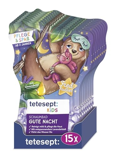 tetesept KIDS Schaumbad Gute Nacht – Kinderbad mit beruhigendem Lavendelduft und pflegender Rezeptur – Fluffiger Badeschaum und lila Wasser – 15 x 40 ml