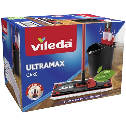 Vileda Ultramax Care Komplett Set, Bodenwischer Wischmopp mit Stiel | Eimer mit PowerPresse | Für empfindliche Böden | 100% recycelte Mikrofaser* | Schnell getrockneter Boden im Sale