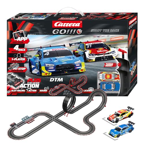 Carrera GO!!! Plus DTM Start the Race Rennbahn Set mit 6,8 m Länge | BMW M4 DTM “S. v. d. Linde” vs. Audi RS 5 DTM “R. Frijns” |2 Slotcars inkl. 2 Handregler mit Turbo-Knopf | App-steuerbar & mit Ton im Sale