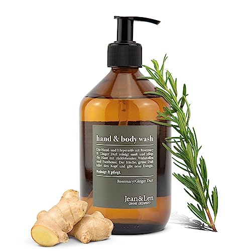 Jean & Len Hand & Body Wash Rosemary und Ginger, reinigt und pflegt die Haut, Würzig-frischer Duft, Duschseife, Flüssigseife ohne Silikone, Parabene & Mikroplastik, Glasflasche 500 ml im Sale