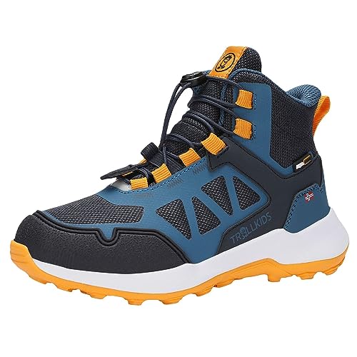 Trollkids wasserdichte Kinder Trekking Schuhe mit Schnellschnürsystem und robuster Sohle Oppland Hiker, Stahlblau/Mango/Mystik Blau, Größe 31 im Sale