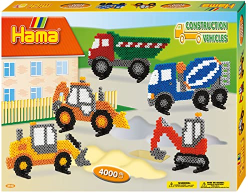 Hama Perlen 3143 Geschenk-Set Baufahrzeuge mit ca. 4.000 bunten Midi Bügelperlen mit Durchmesser 5 mm, Stiftplatte, inkl. Bügelpapier, kreativer Bastelspaß für Groß und Klein im Sale