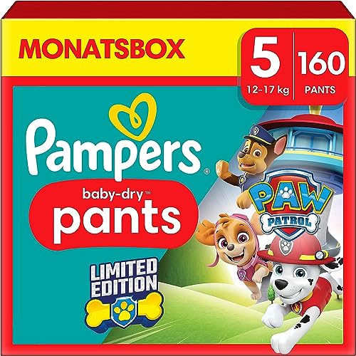 Pampers Windeln Paw Patrol Pants Größe 5 (12-17kg) Baby-Dry, Junior mit Stop- und Schutz Täschchen, MONATSBOX, 160 Höschenwindeln