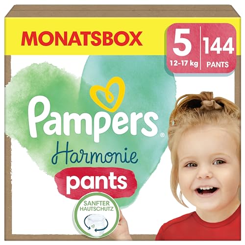 Pampers Harmonie Windeln Pants Baby, Größe 5 (12kg-17kg), Monatsbox, sanfter Hautschutz und pflanzenbasierte Inhaltsstoffe, 144 Höschenwindeln