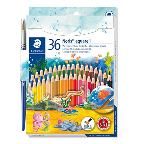 STAEDTLER Noris Club 144 10ND36 Aquarell-Buntstifte, erhöhte Bruchfestigkeit, sechskant, Set mit 36 brillanten Farben, kindgerecht nach EN71, PEFC-Holz