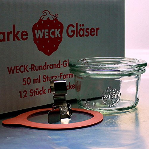 12 Weck Mini Sturzgläser 50ml mit mit Glasdeckel, Ringen und Klammern im Original Karton (Mit Glasdeckel, Ringen und Klammern) im Sale