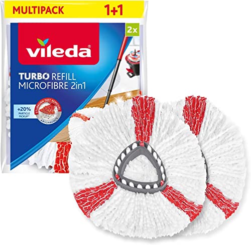 Vileda Turbo 2in1 EasyWring&Clean Wischmopp Ersatzköpfe, Mikrofaser Moppköpfe mit Kraftfasern für Vileda Turbo Sets, auch für empfindliche Böden, 2er Pack, Rot/Weiß im Sale