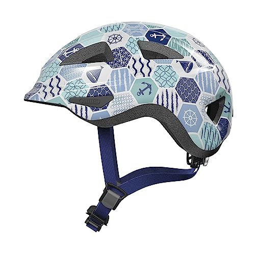 ABUS Kinderhelm Anuky 2.0 - Fahrradhelm für Kleinkinder und Kinder - mit Licht und Kinnpolster - für Mädchen und Jungen - Blau mit maritimen Mustern, im Sale