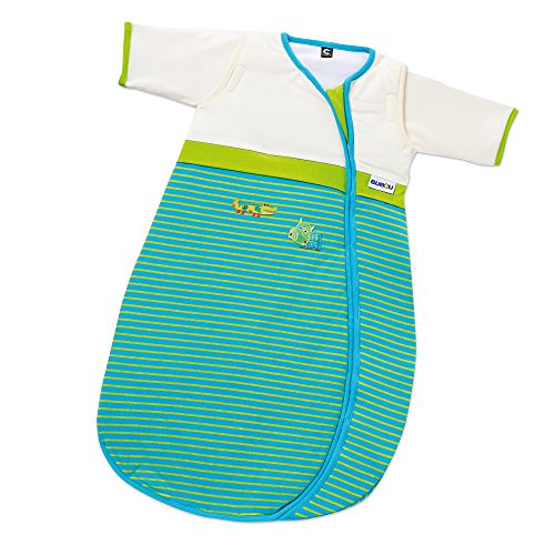 Gesslein 773125 Bubou Babyschlafsack mit abnehmbaren Ärmeln: Temperaturregulierender Ganzjahresschlafsack, Baby/Kinder Größe 110 cm, Streifen grün/türkis Streifen mit Krokodil und Fisch