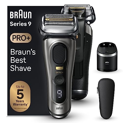 Braun Series 9 Pro+ Elektrorasierer mit 5 Pro Rasierelementen, Rasierer Herren Elektrisch, Langhaarschneider, Reinigungsstation, Ladeetui PowerCase, Made in Germany, 9575cc, grau