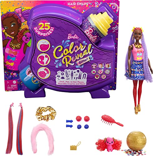 Barbie HBG40 - Color Reveal Bows Haarwechsel Puppe, Glitzerblau Spielset mit 25 Überraschungen rund um Haarstyling und Party, Spielzeug ab 3 Jahren im Sale