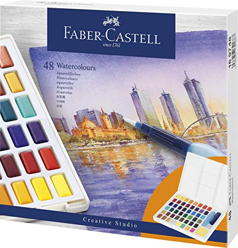 Faber-Castell 169748 - Aquarellfarben in Näpfchen, mit Mischpalette und Wassertankpinsel, 48er Etui im Sale