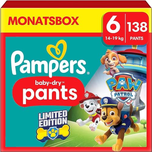 Pampers Windeln Paw Patrol Pants Größe 6 (14-19kg) Baby-Dry, Extra Large mit Stop- und Schutz Täschchen, MONATSBOX, 138 Höschenwindeln