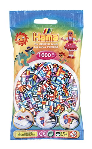 Hama Perlen 207-90 Bügelperlen Beutel mit ca. 1.000 Midi Bastelperlen mit Durchmesser 5 mm im Mix gestreift, kreativer Bastelspaß für Groß und Klein