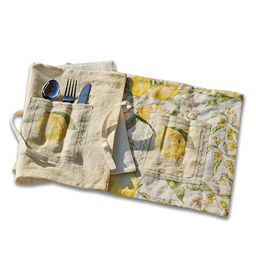 LOBERON Platzset 2er Set Lantagenet, Zitronen-Print, Bestecktäschchen & Bindeband zum Einrollen, Dolce-Vita-Flair, Tischdeko, Tischset, Tischwäsche, Leinen, gelb/beige im Sale