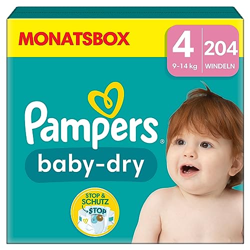 Pampers Windeln Größe 4 (9-14kg) Baby-Dry, Maxi, MONATSBOX, bis zu 12 Stunden Rundum-Auslaufschutz, 204 Stück