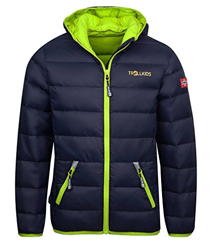 Trollkids Kinder leichte Daunenjacke Dovrefjell, Marineblau/Zitrone, Größe 128 im Sale