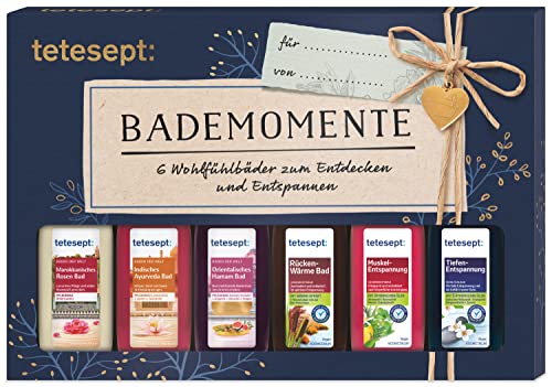 tetesept Bäder Geschenkset Verwöhnmomente – Bade-Essenz Probierset mit Geschenkanhänger - das ideale Präsent für jeden Anlass – 1 x Badeset (6 x 20 ml)