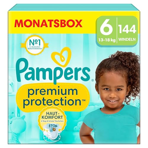 Pampers Baby Windeln Größe 6, Premium Protection, Windeln x144, 13kg-18kg, Doppelter Schutz für Hautkomfort & gegen Auslaufen im Sale