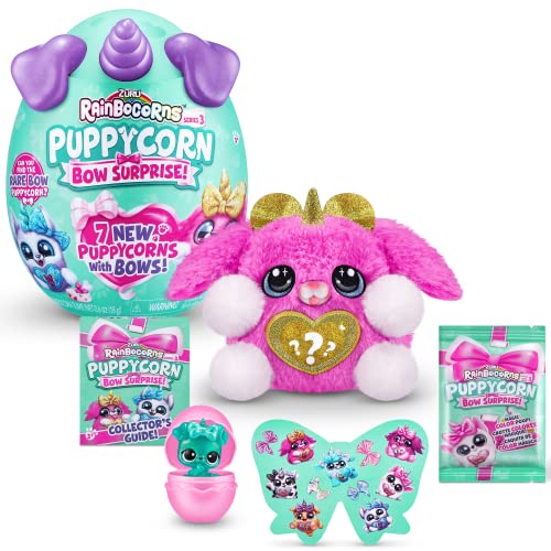 Rainbocorns Puppycorn Bow Surprise Serie 5, Pink Karmo - Plüsch zum Sammeln - 5 Lagen voller Überraschungen, Herz zum Aufklappen, Aufkleber, Schleim, ab 3 Jahren