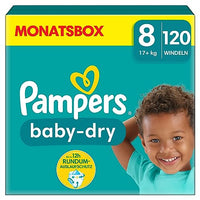 Thumbnail for Pampers Windeln Größe 8 (17kg+) Baby-Dry, Extra Large, MONATSBOX, bis zu 12 Stunden Rundum-Auslaufschutz, (1er Pack) 120 Stück