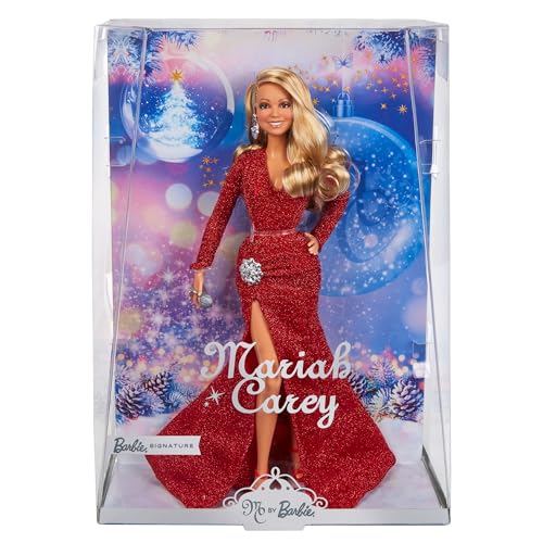 Barbie Mariah Carey - Sammelpuppe mit glänzender roter Robe, Rüschen, Schlitz, glamouröse Locken, silberfarbene Accessoires, rote High Heels, Weihnachtstradition, Dekoration, HJX17 im Sale