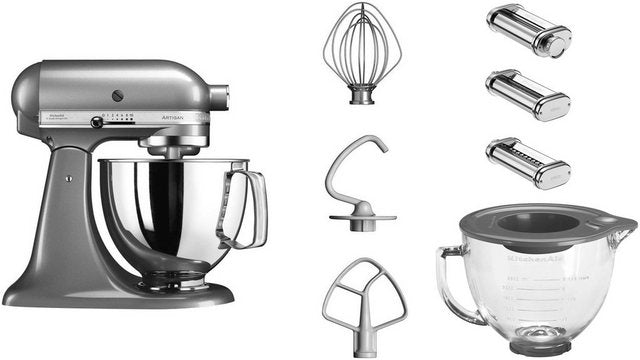 KitchenAid Küchenmaschine 5KSM125ECU, 300 W, 4,8 l Schüssel, mit Gratis Glasschüssel+3 Nudelvorsätzen