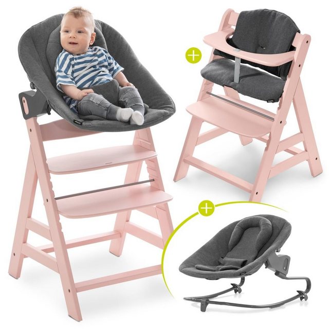 Hauck Hochstuhl Alpha Plus Rose Newborn Set (Set, 4 St), Holz Babystuhl ab Geburt inkl. Aufsatz für Neugeborene & Sitzauflage