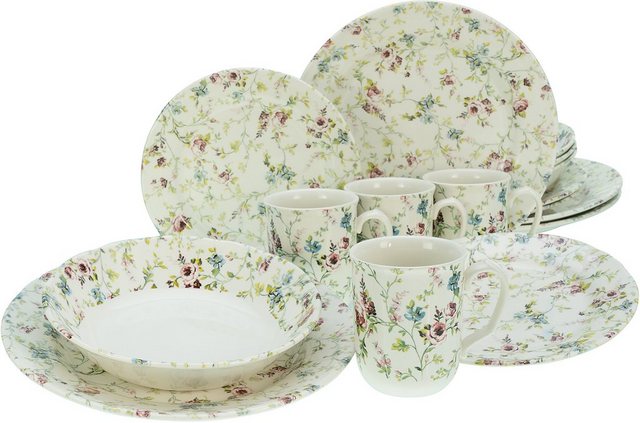 CreaTable Kombiservice Geschirr-Set Rose Garden (16-tlg), 4 Personen, Steingut, Service, Rosenmotiv, Vintage-Stil, 16 Teile, für 4 Personen