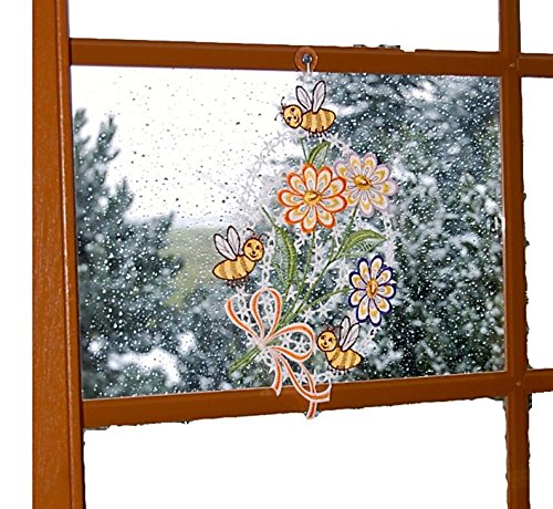 Plauener Spitze Fensterbild Sommerstrauß Bienen Frühling Sommer 21x34 cm + Saugnapf