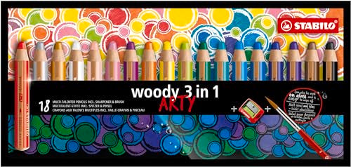 Buntstift, Wasserfarbe & Wachsmalkreide - STABILO woody 3 in 1 - ARTY - 18er Pack mit Spitzer und Pinsel - mit 18 verschiedenen Farben