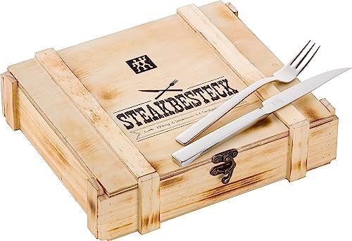 ZWILLING Steakbesteck Set für 6 Personen, 12-teilig, 6 Steakmesser und 6 Steakgabeln, Inkl. Holz-Aufbewahrungskiste, Rostfreier Edelstahl / Holz im Sale