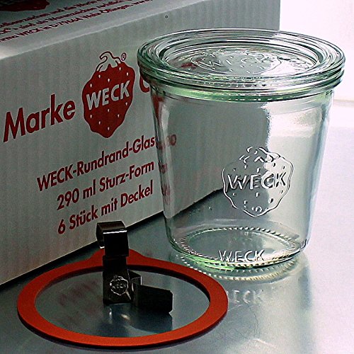 6 Weck Einkochgläser 290ml Sturzform/Sturzglas RR80 mit Glasdeckel, Ringen und Klammern (Mit Glasdeckel, Ringen und Klammern) im Sale