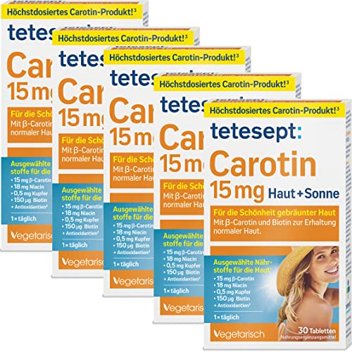 tetesept Carotin 15 mg Haut + Sonne – Haut Vitamine für die Schönheit gebräunter Haut – Nahrungsergänzungsmittel mit β-Carotin und Antioxidantien – 5 x 30 Tabletten im Sale