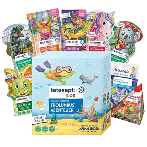 tetesept Kids Geschenkbox Frolumbus Abenteuer - Badezusatz Geschenkset mit Sprudelbad, Schaumbad, Badeüberraschung & Dusche - mit hautpflegender Rezeptur – 9er Set