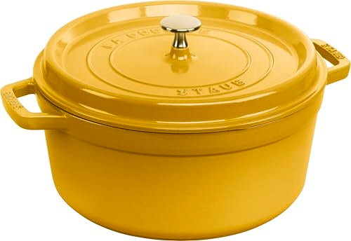 STAUB Gusseisen Bräter/Cocotte, Rund 26 cm, 5,25 L, Aromaregen Funktion für optimale Befeuchtung, Für alle Herdarten inkl. Induktion & Backofen, Citron im Sale